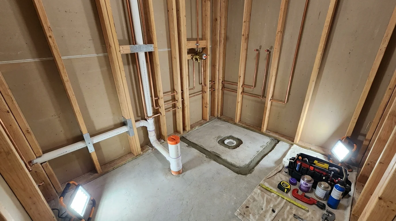 Bathroom rough-in plumbing during remodel by Johns Plumbing LLC in Shallotte
