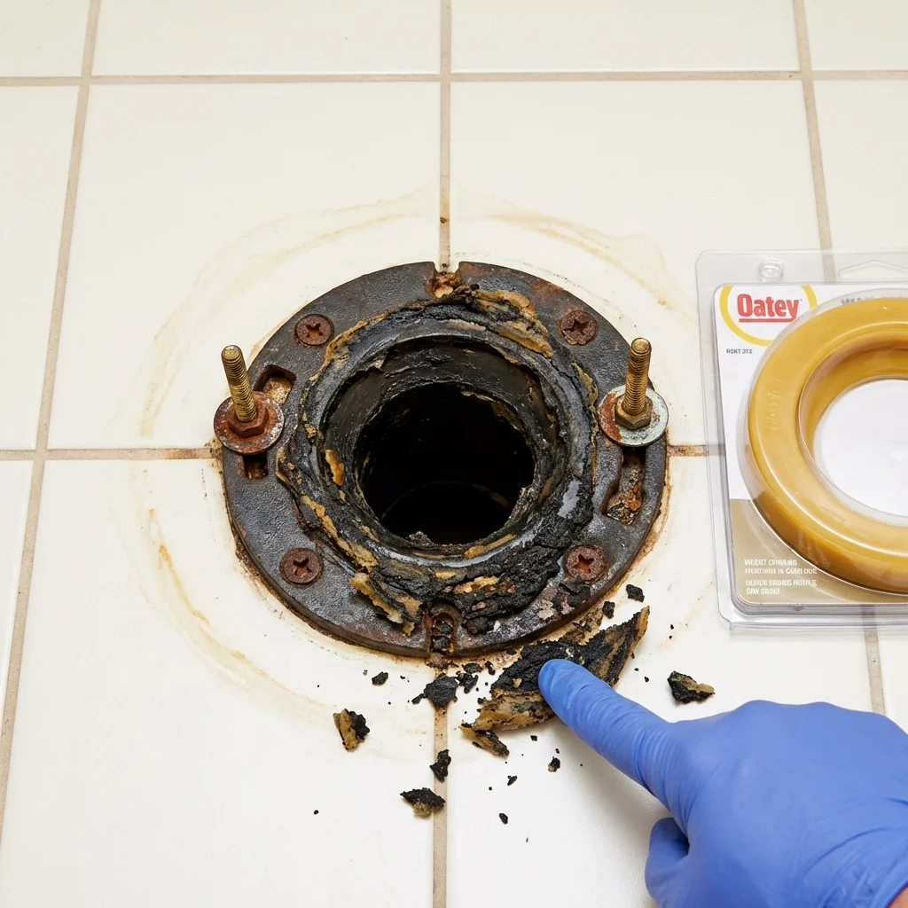 Failed wax ring showing water seepage at the base of a toilet in a Shallotte, NC home