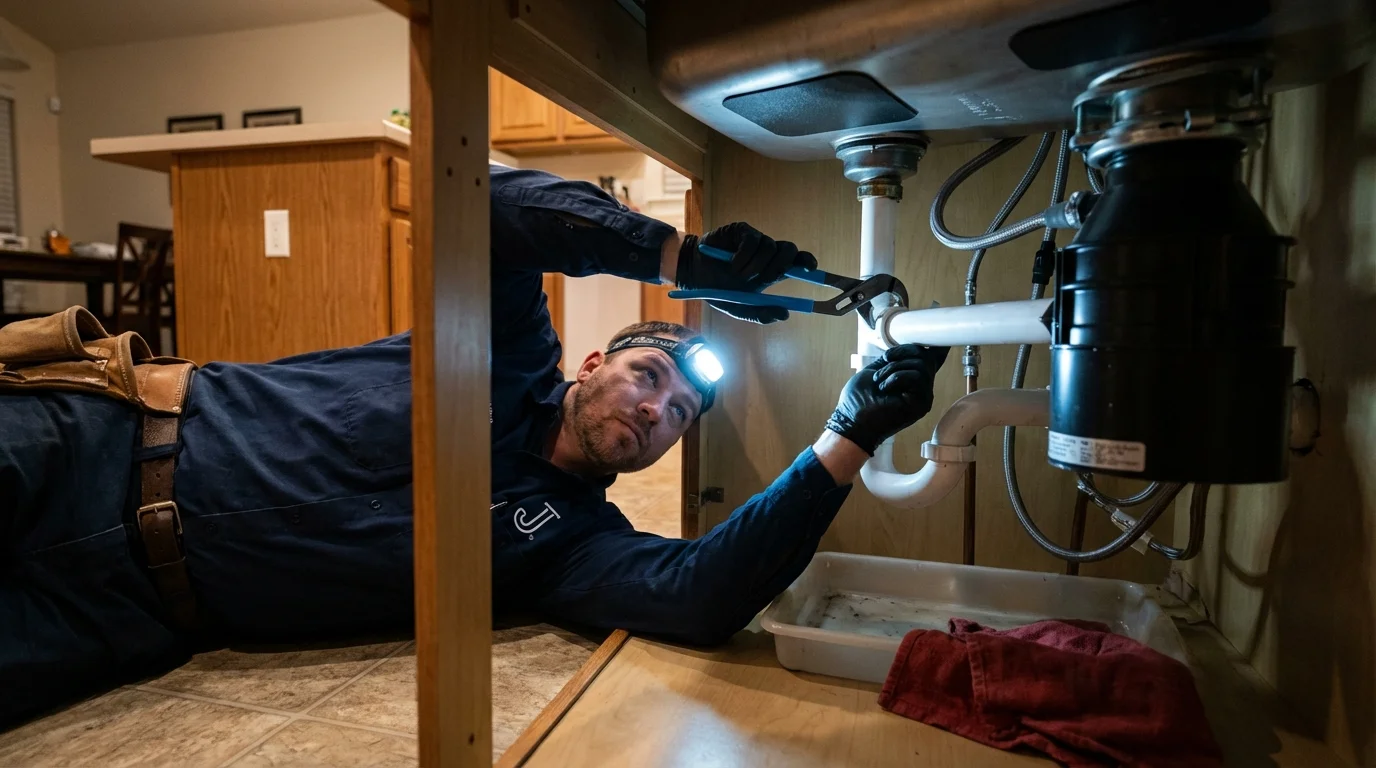 P-trap and supply line connections under a kitchen sink showing a common leak point in Shallotte, NC